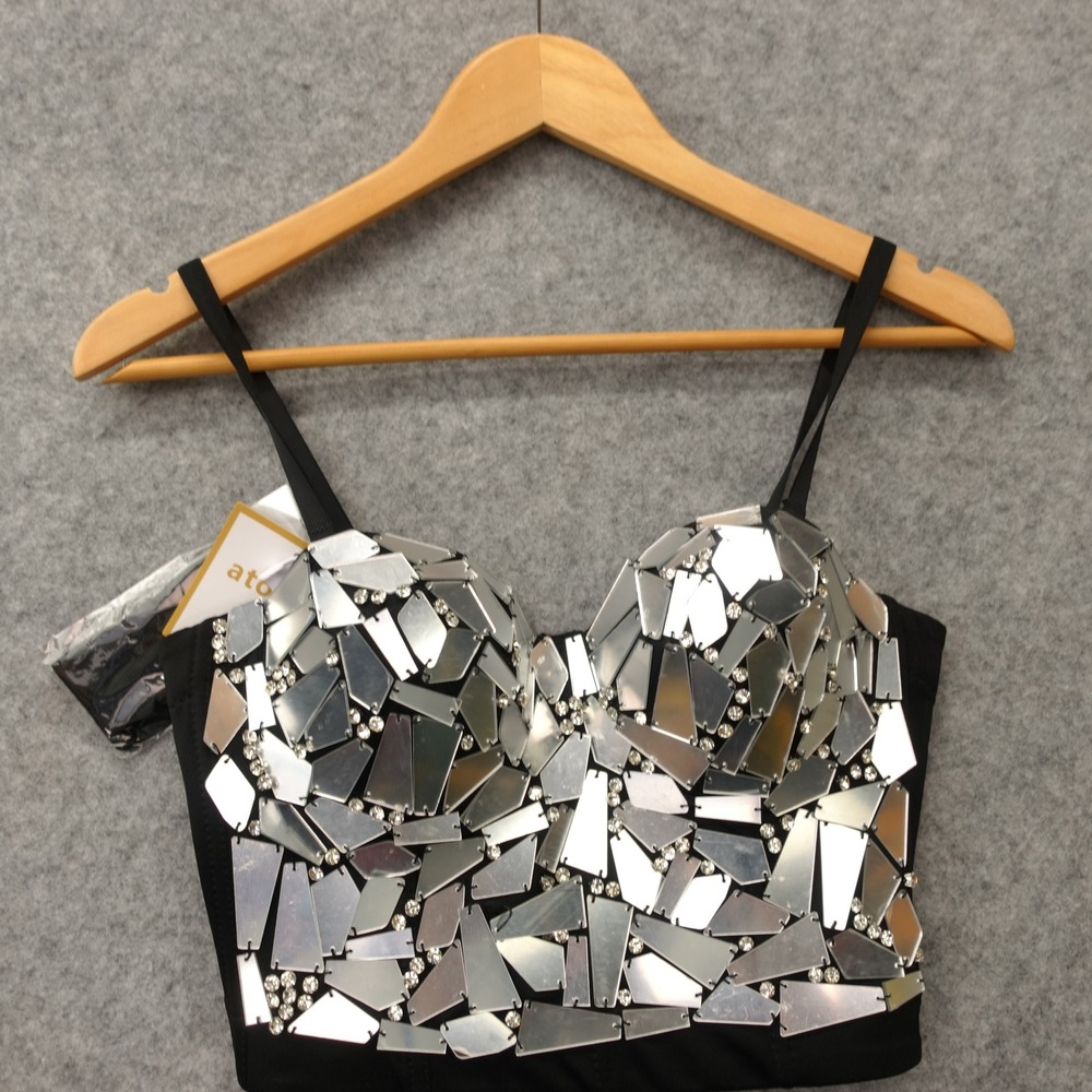 Cyber Y2K Corset Top Womens S Black Y3K Rave Party Silver Sparkle Mirror Bustier